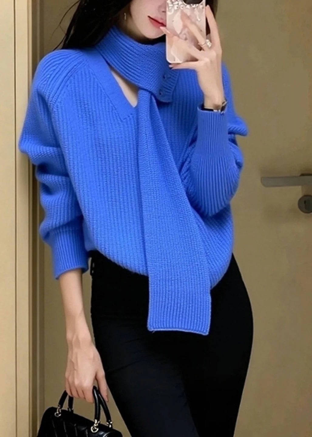 Stylish Blue V Neck With Scarf Knit Sweater Winter - Image 5