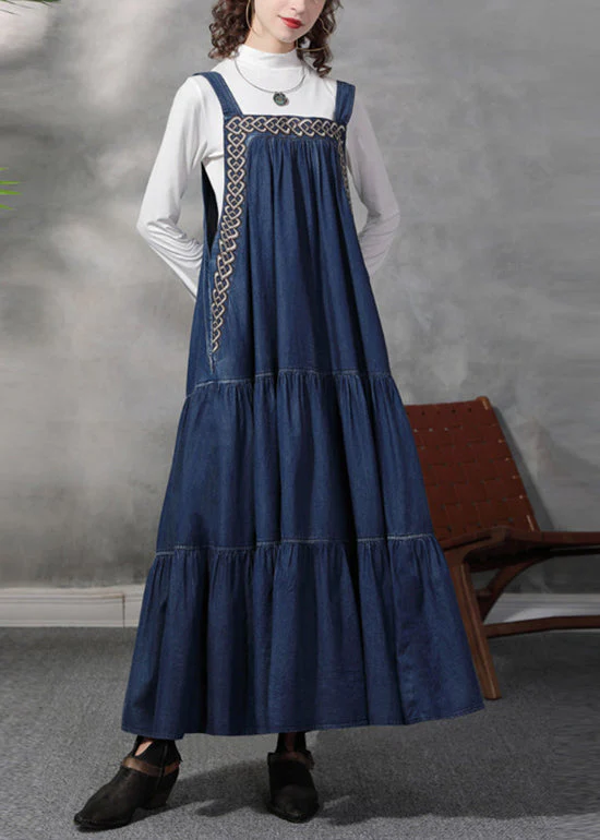 Stylish Blue wrinkled Embroideried Spaghetti Strap Cotton Denim Dresses Spring - Image 2