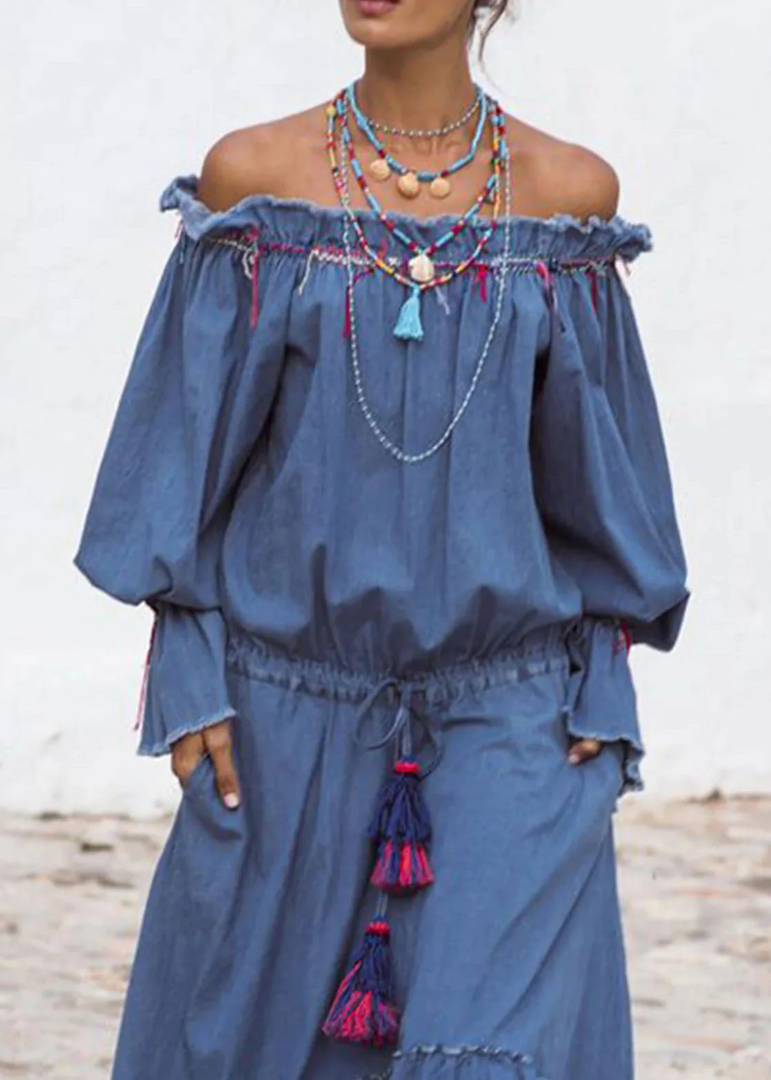 Stylish Blue Wrinkled Patchwork Drawstring Denim Dress Lantern Sleeve - Image 3