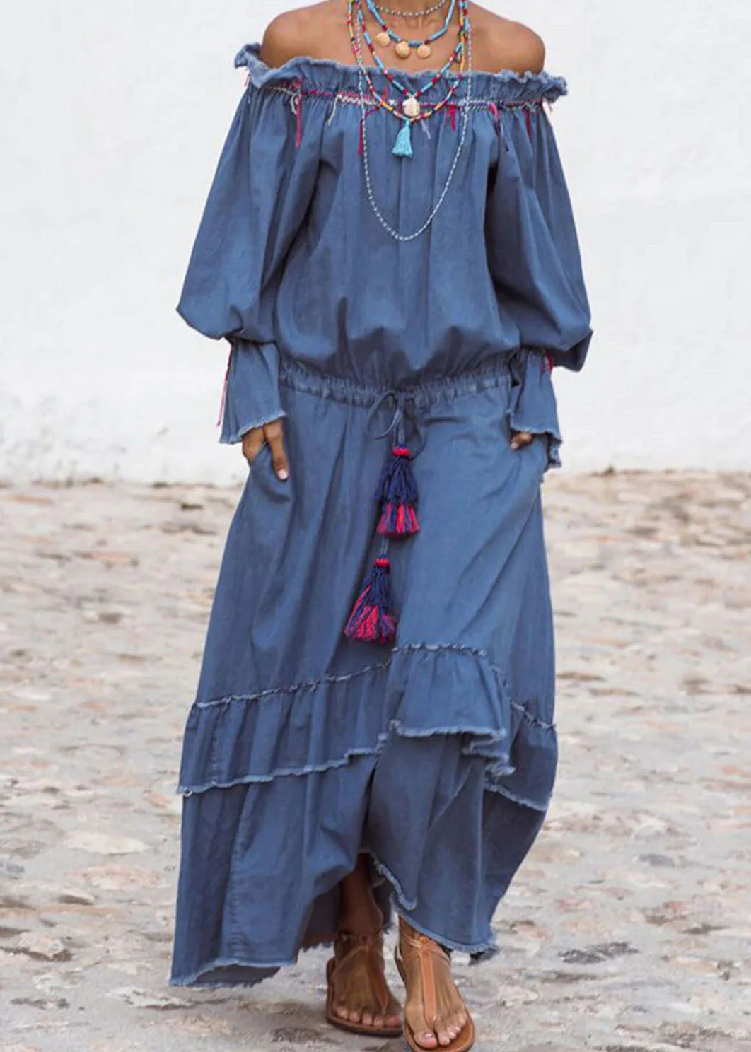 Stylish Blue Wrinkled Patchwork Drawstring Denim Dress Lantern Sleeve - Image 5