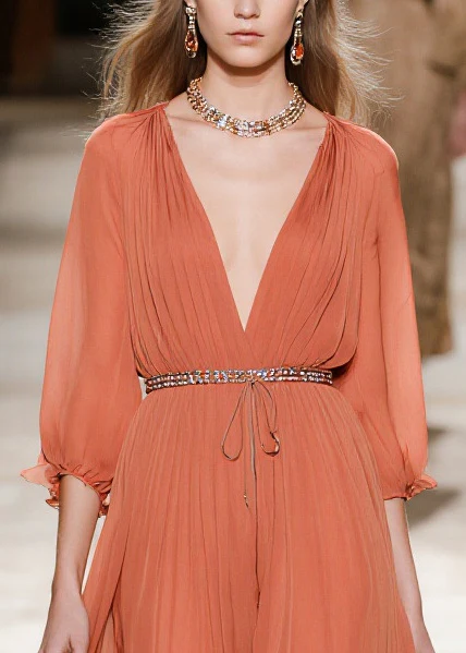 Stylish Brick Red Cinched Wrinkled Chiffon Long Dresses Summer - Image 2