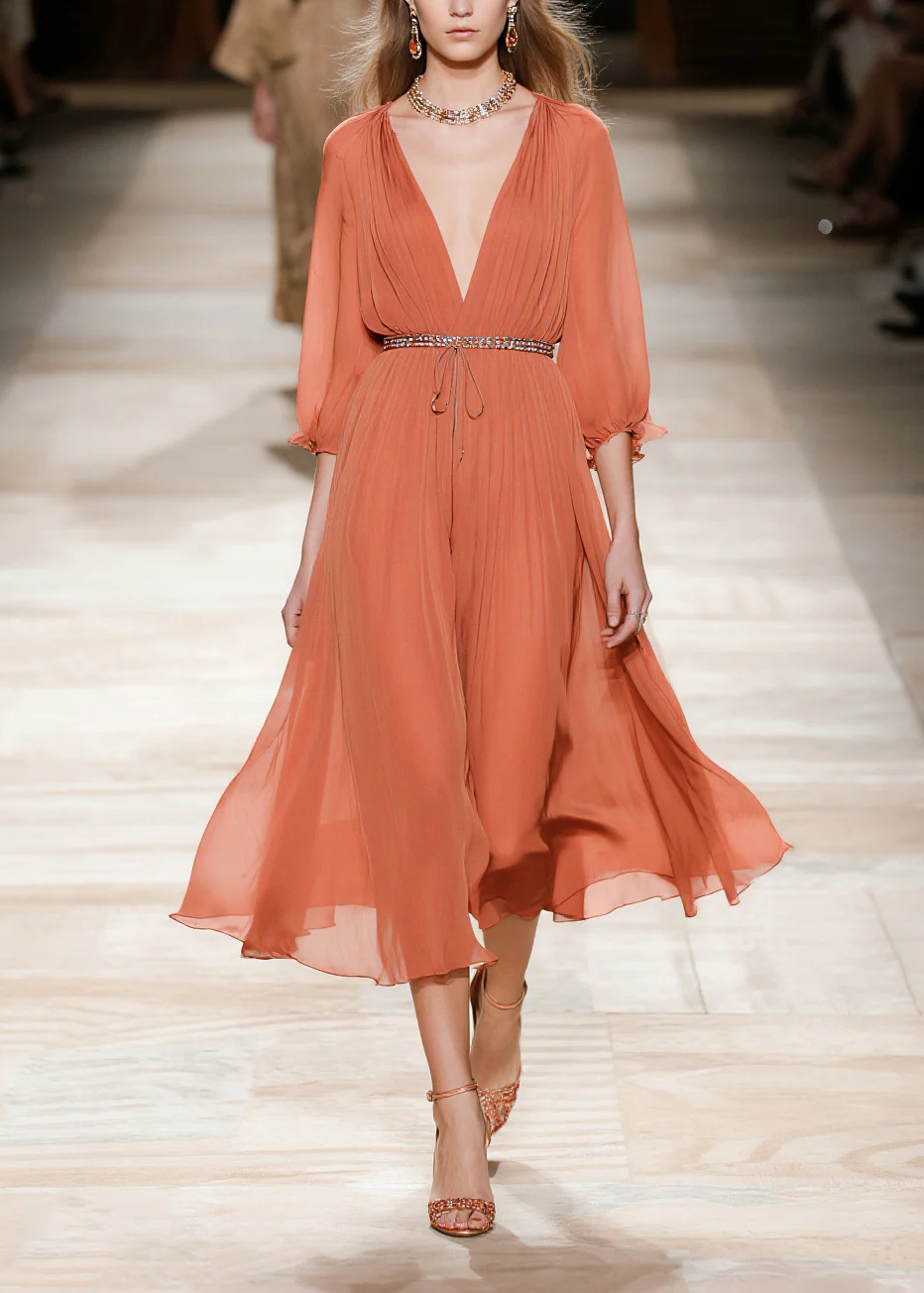 Stylish Brick Red Cinched Wrinkled Chiffon Long Dresses Summer - Image 3