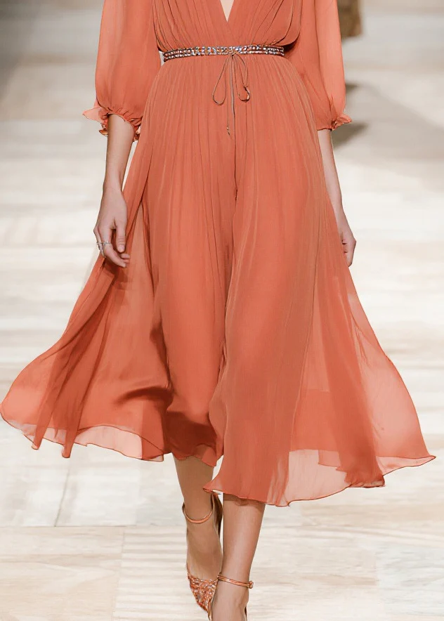 Stylish Brick Red Cinched Wrinkled Chiffon Long Dresses Summer - Image 4