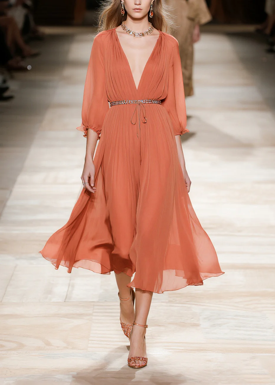 Stylish Brick Red Cinched Wrinkled Chiffon Long Dresses Summer - Image 5