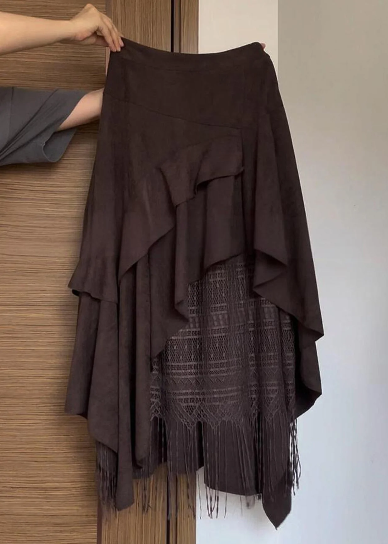 Stylish Brown Asymmetrical Lace Tasseled Patchwork Skirts Summer - Image 2