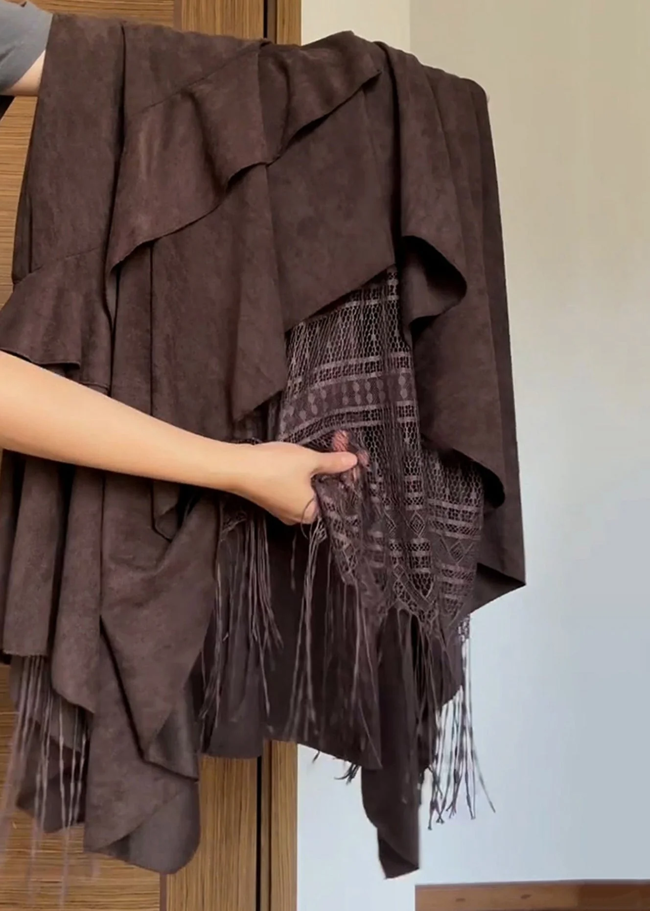 Stylish Brown Asymmetrical Lace Tasseled Patchwork Skirts Summer - Image 3
