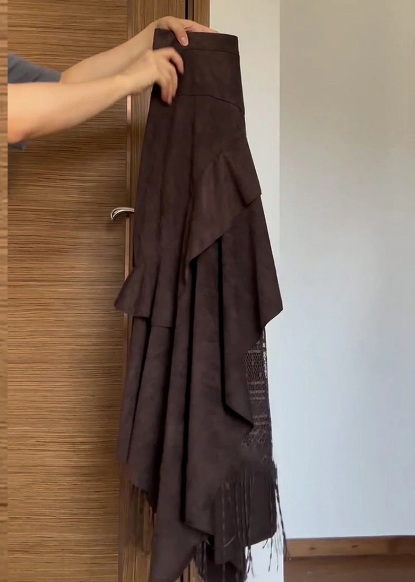 Stylish Brown Asymmetrical Lace Tasseled Patchwork Skirts Summer - Image 5