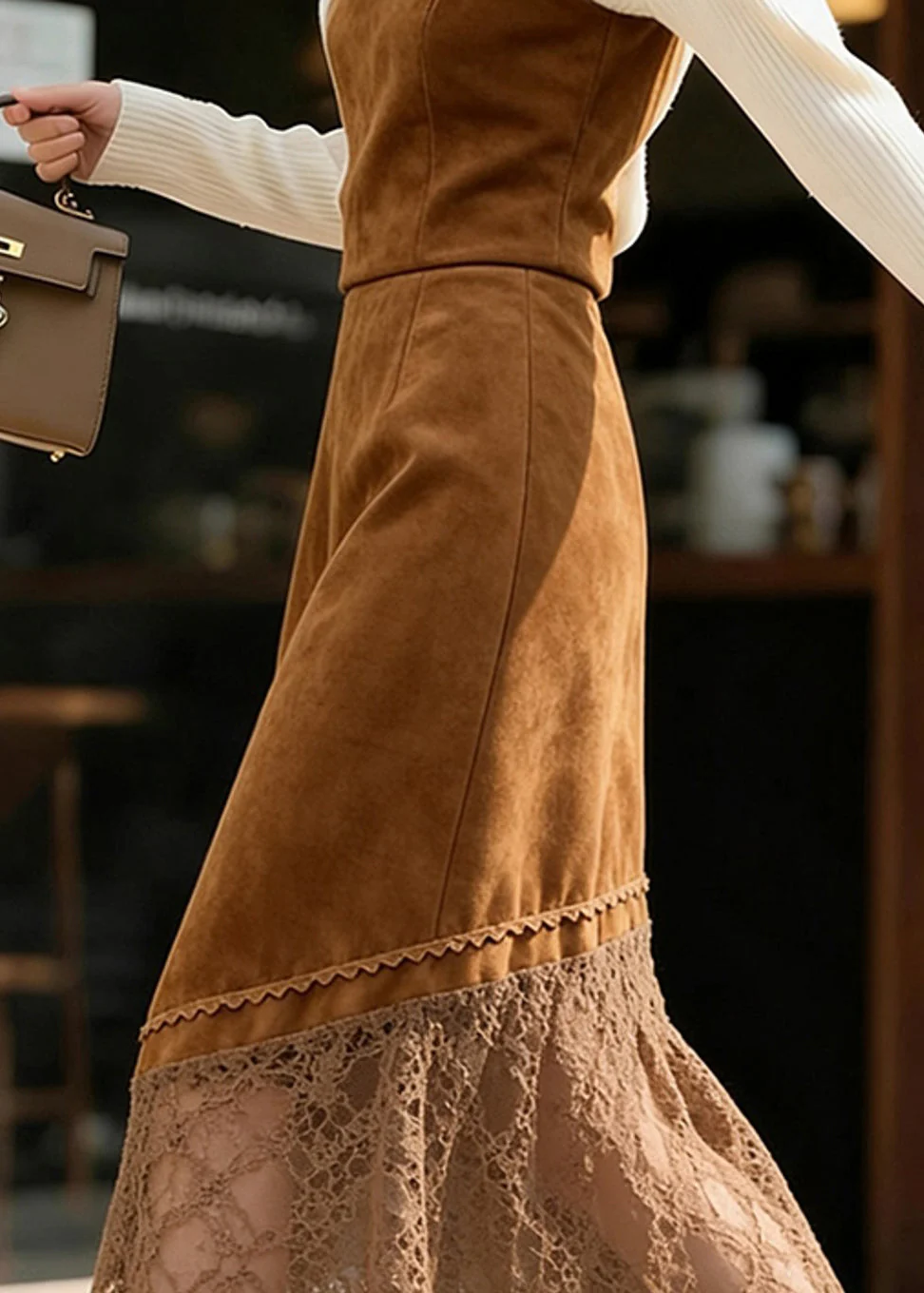 Stylish Brown High Waist Lace Patchwork Faux Suede Skirts Spring - Image 4