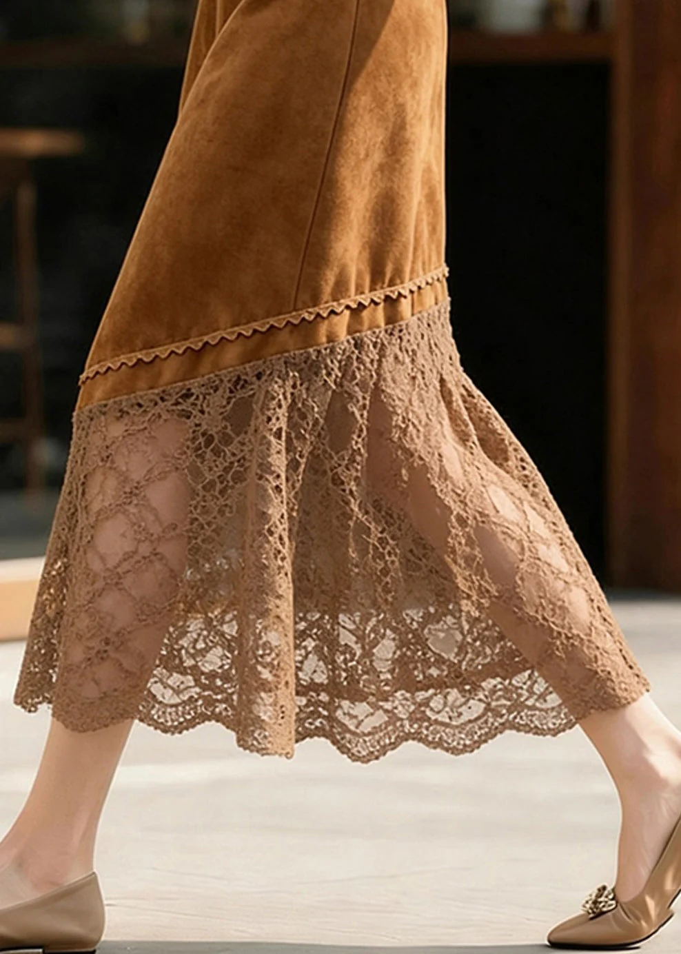 Stylish Brown High Waist Lace Patchwork Faux Suede Skirts Spring - Image 5