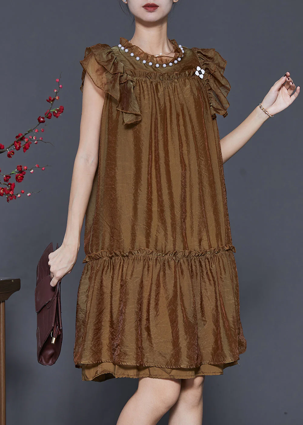 Stylish Brown Nail Bead Ruffled Silk Vacation Dress Summer - Image 3