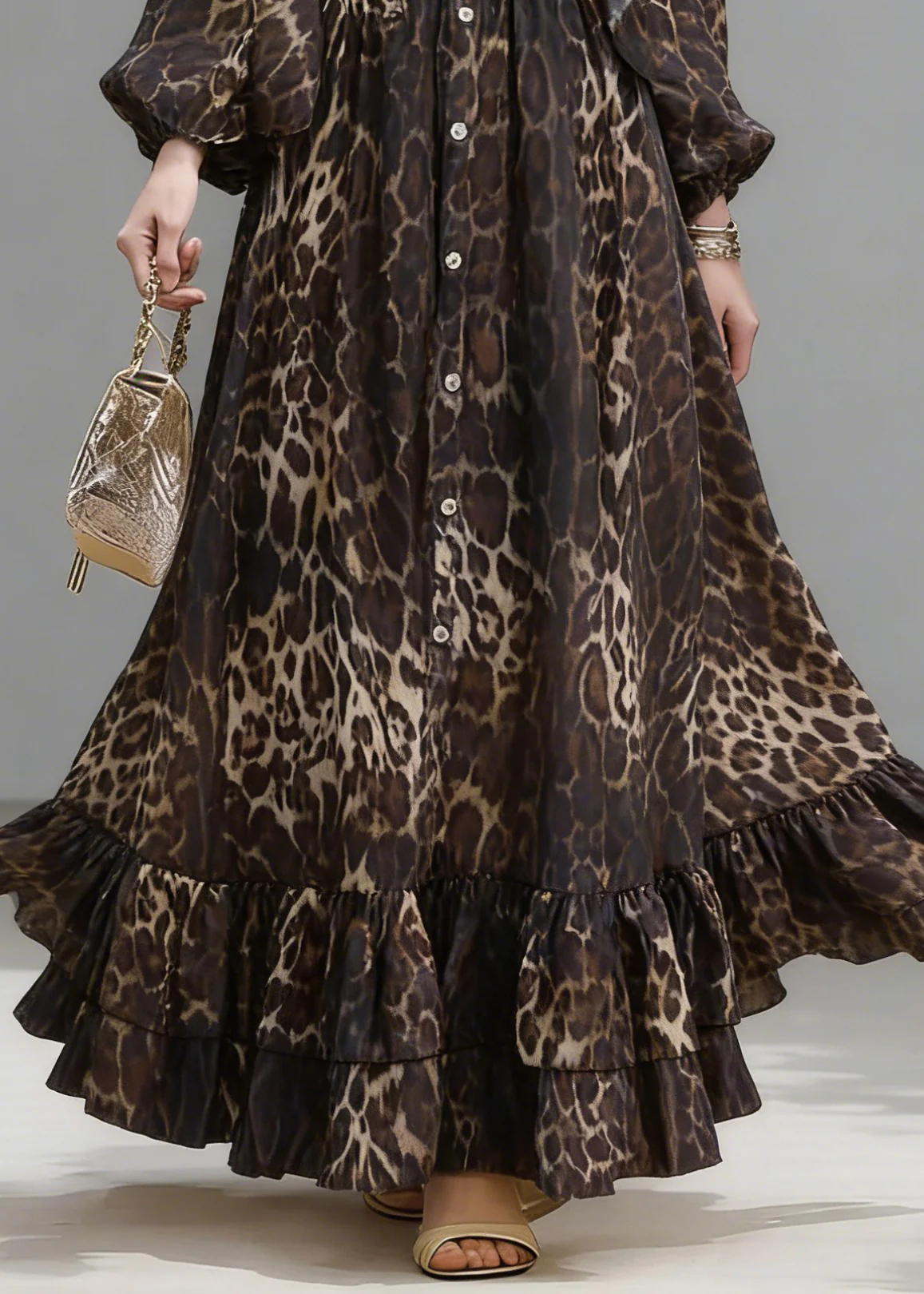 Stylish Brown Oversized Leopard Print Long Dress Lantern Sleeve - Image 4