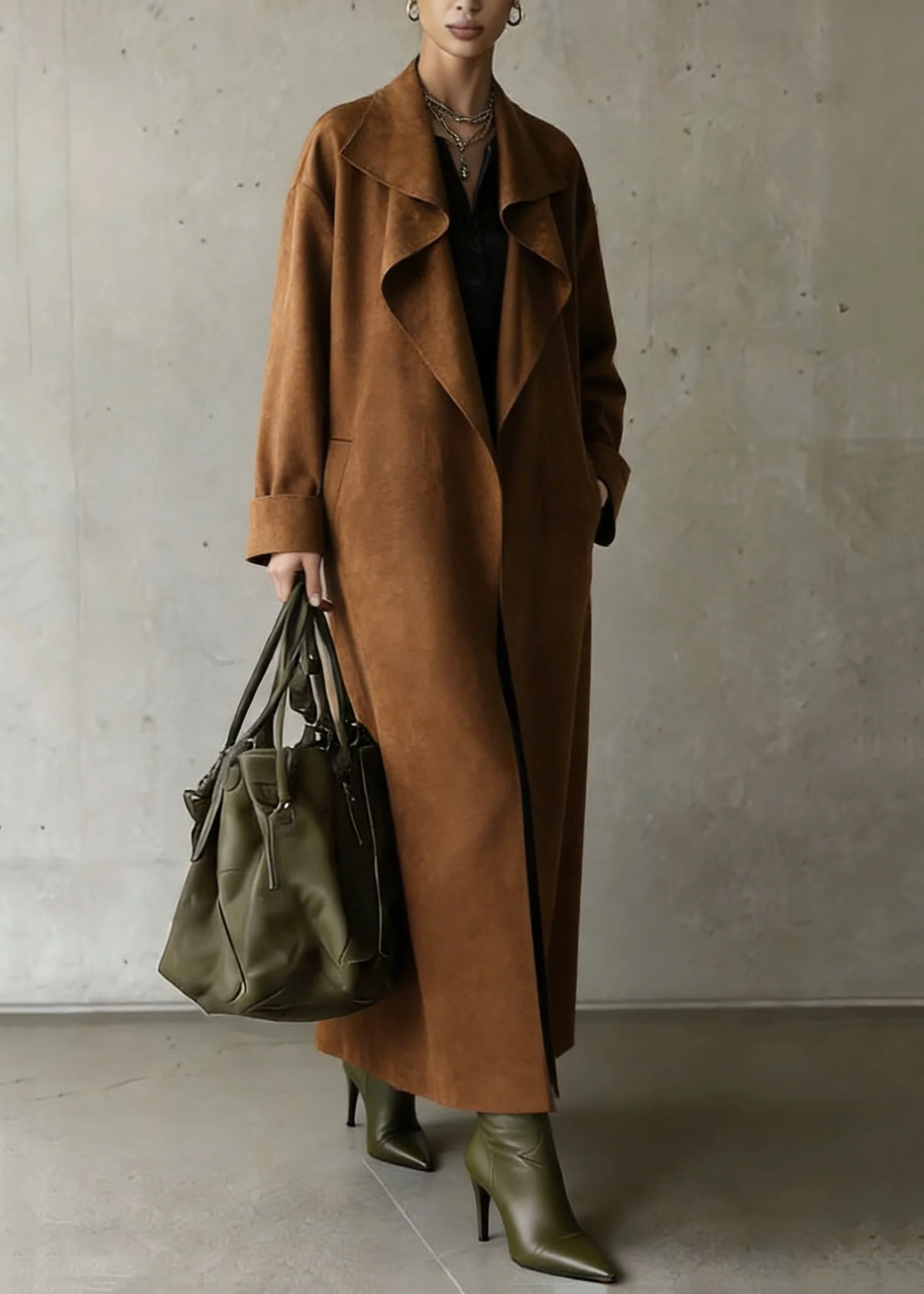 Stylish Brown Peter Pan Collar Pockets Solid Faux Suede Long Coat Spring - Image 3
