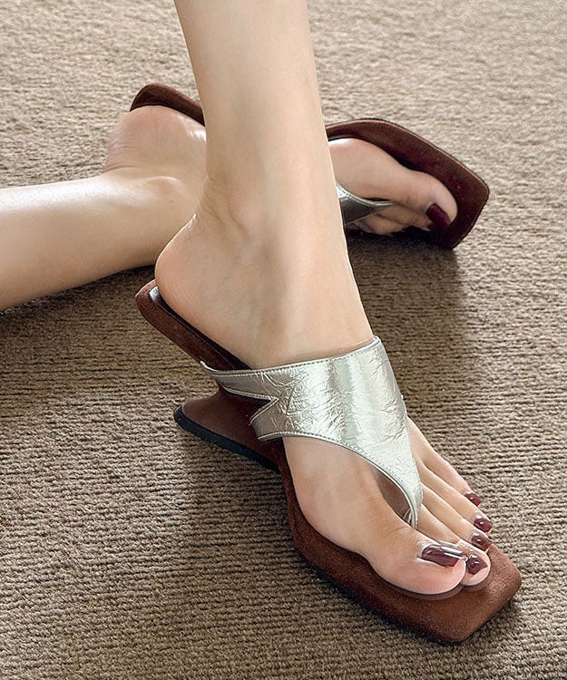 Stylish Brown Suede Square Toe Wedge Flip Flops - Image 2