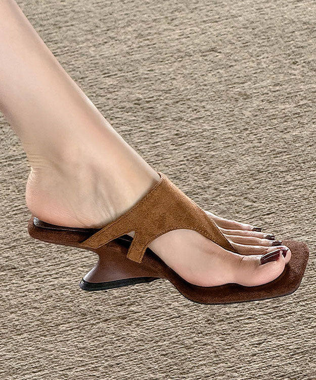 Stylish Brown Suede Square Toe Wedge Flip Flops - Image 3