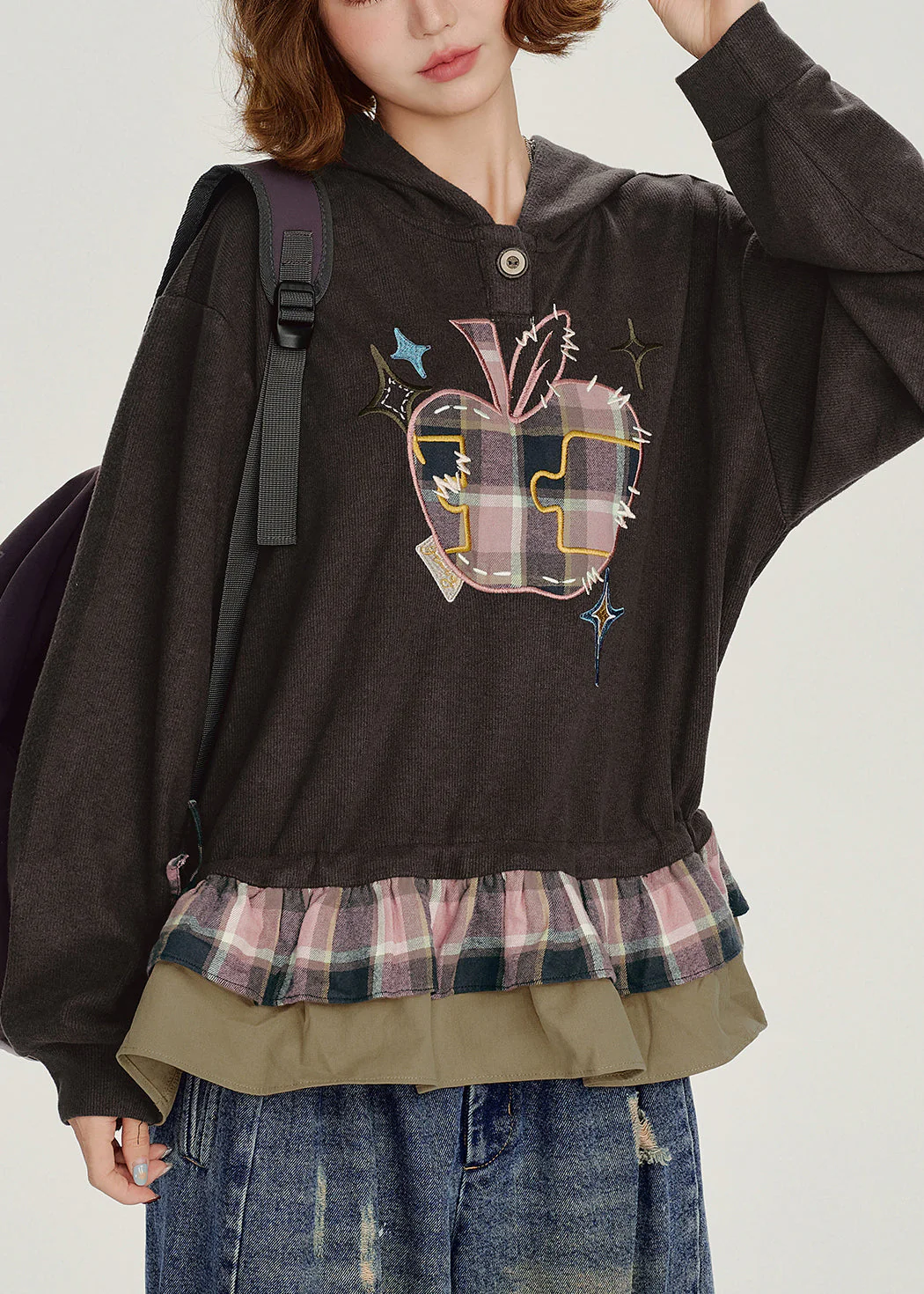 Stylish Chocolate Ruffled Hooded Patchwork Cotton Top Spring - Image 2