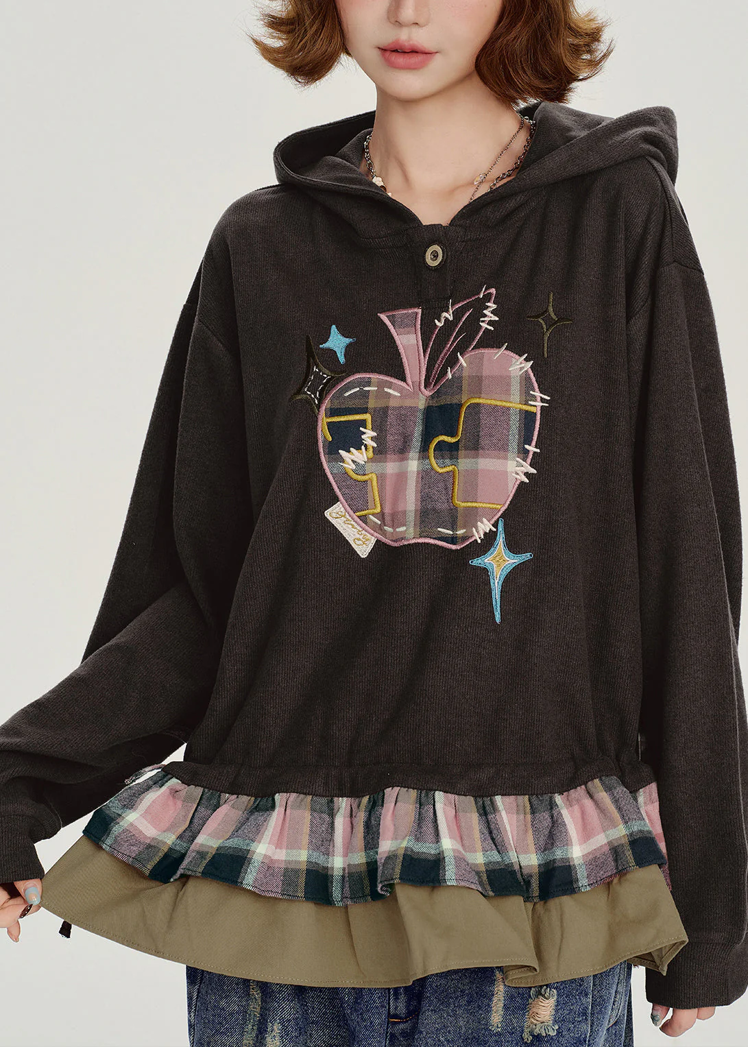 Stylish Chocolate Ruffled Hooded Patchwork Cotton Top Spring - Image 3