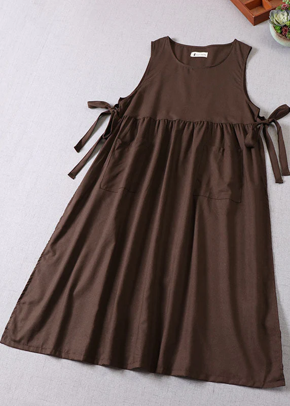Stylish Chocolate Bow Patchwork Pockets Dress Sleeveless - Image 2