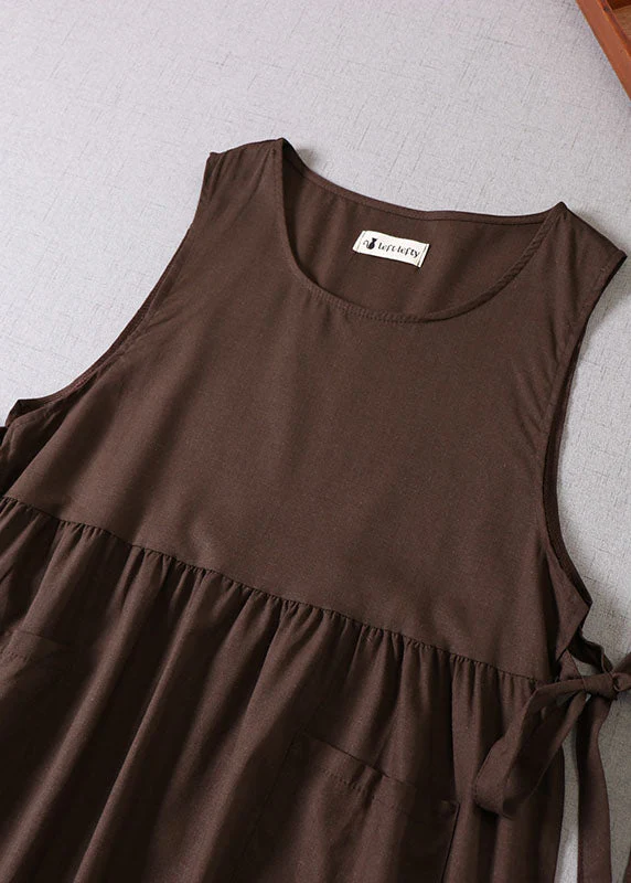 Stylish Chocolate Bow Patchwork Pockets Dress Sleeveless - Image 3