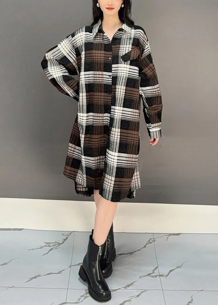 Stylish Coffee Plaid Button Cotton Shirts Dresses Spring - Image 3