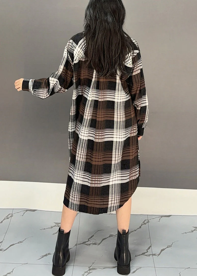 Stylish Coffee Plaid Button Cotton Shirts Dresses Spring - Image 4