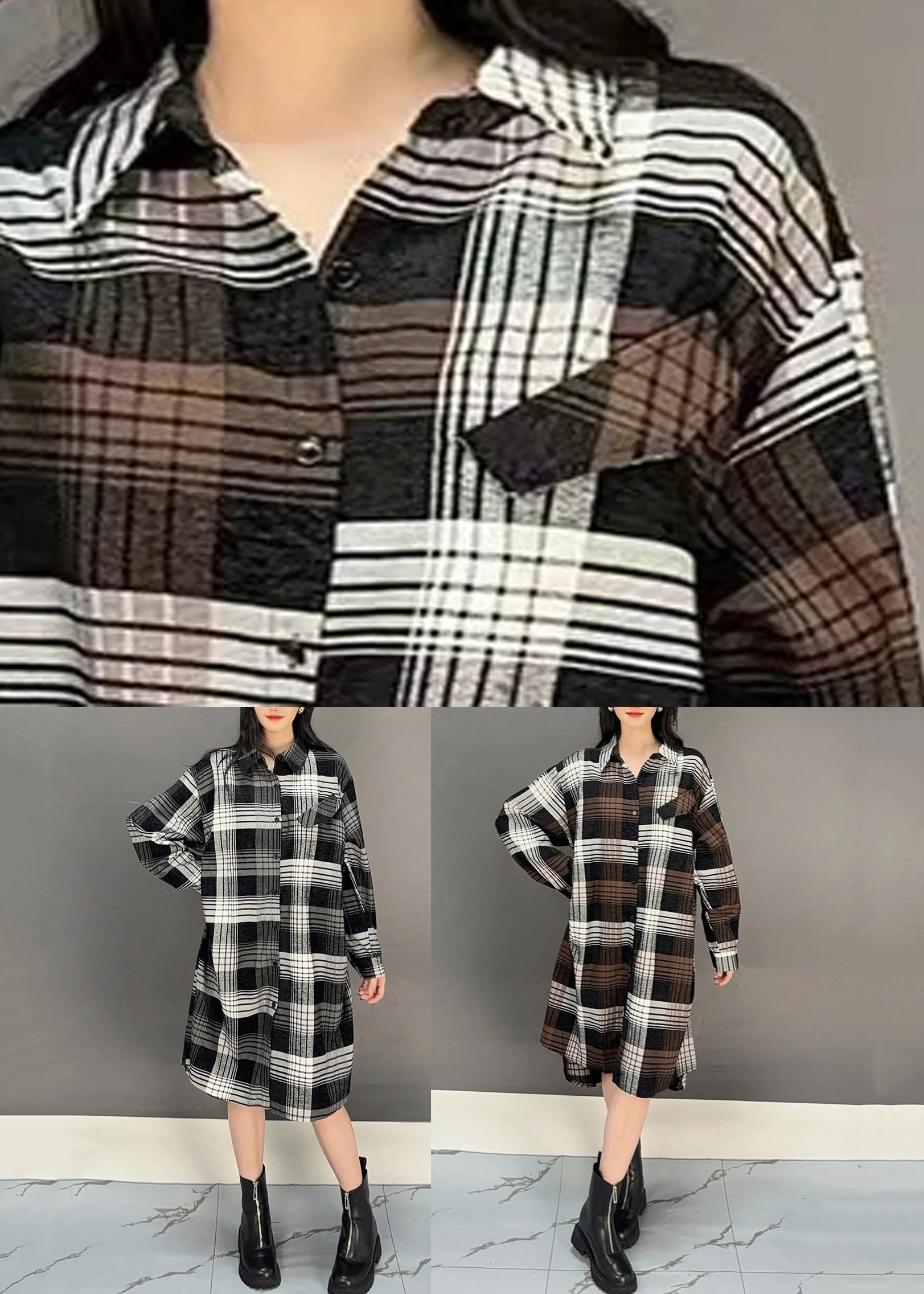 Stylish Coffee Plaid Button Cotton Shirts Dresses Spring - Image 5