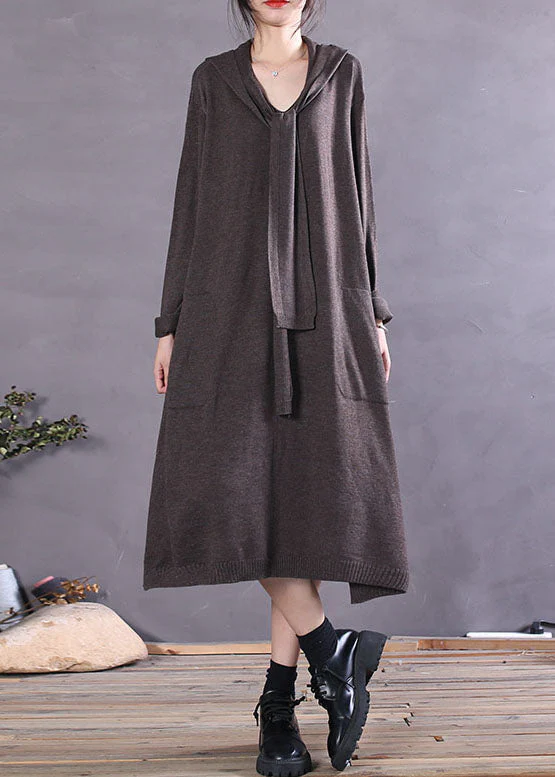 Stylish Chocolate Pockets Loose Knit Long Dresses Spring - Image 3