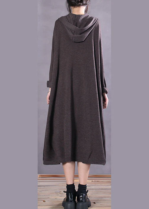 Stylish Chocolate Pockets Loose Knit Long Dresses Spring - Image 4
