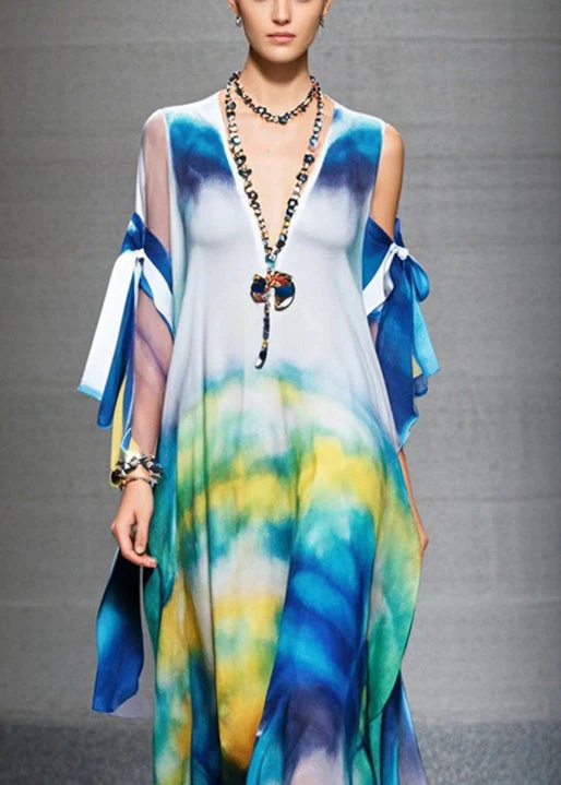 Stylish Cold Shoulder Tie Dye Chiffon Holiday Dress Summer - Image 2