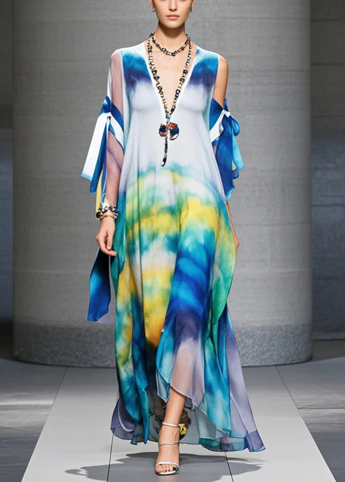 Stylish Cold Shoulder Tie Dye Chiffon Holiday Dress Summer - Image 5