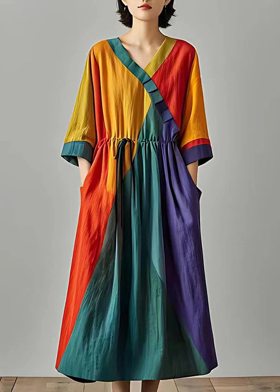 Stylish Colorblock Cinched Patchwork Cotton Long Dress Summer - Image 2