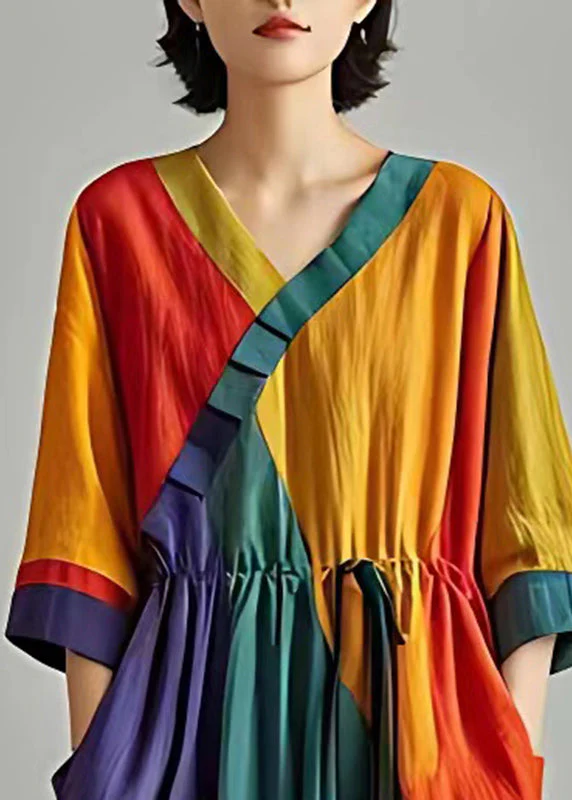 Stylish Colorblock Cinched Patchwork Cotton Long Dress Summer - Image 3