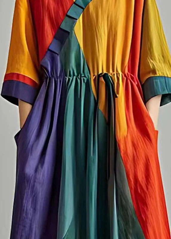 Stylish Colorblock Cinched Patchwork Cotton Long Dress Summer - Image 4