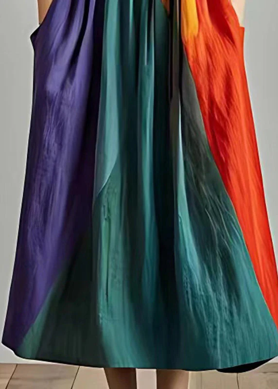 Stylish Colorblock Cinched Patchwork Cotton Long Dress Summer - Image 5