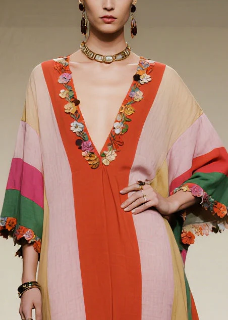 Stylish Colorblock Oversized Floral Cotton Long Dress Summer - Image 2