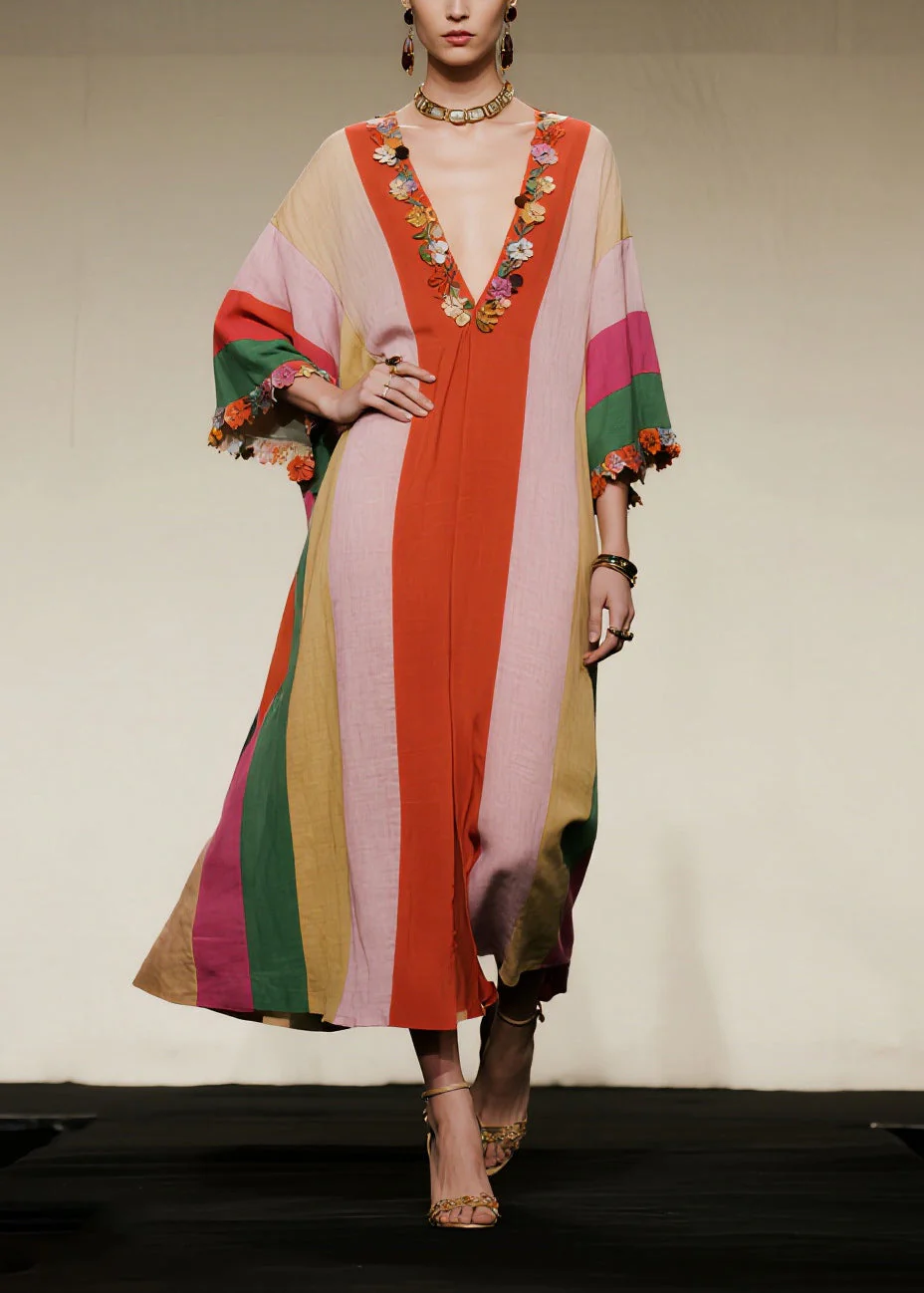 Stylish Colorblock Oversized Floral Cotton Long Dress Summer - Image 3