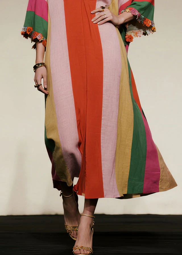 Stylish Colorblock Oversized Floral Cotton Long Dress Summer - Image 4