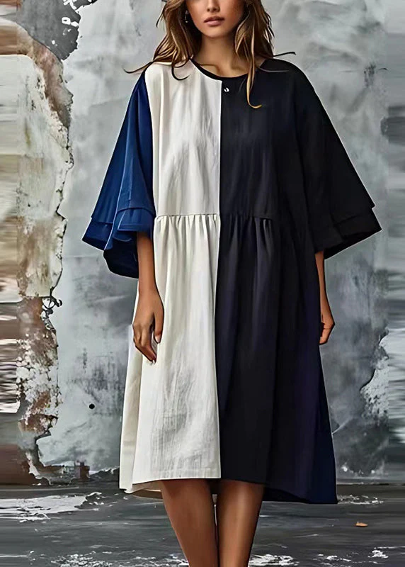 Stylish Colorblock Oversized Patchwork Cotton Dress Batwing Sleeve - Image 2