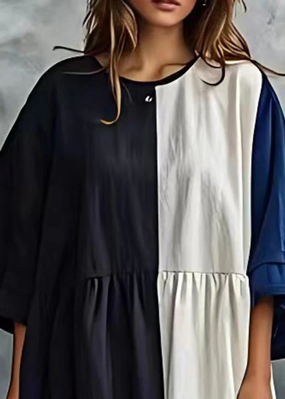 Stylish Colorblock Oversized Patchwork Cotton Dress Batwing Sleeve - Image 3