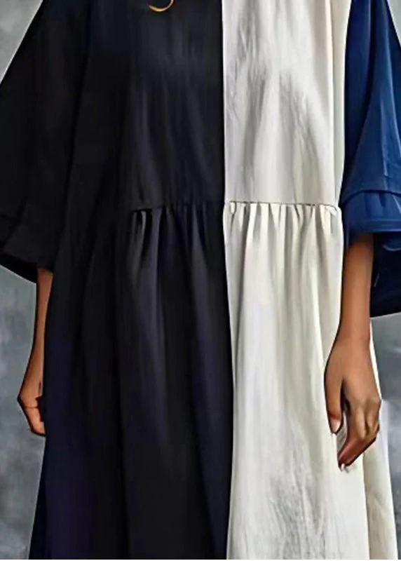 Stylish Colorblock Oversized Patchwork Cotton Dress Batwing Sleeve - Image 4