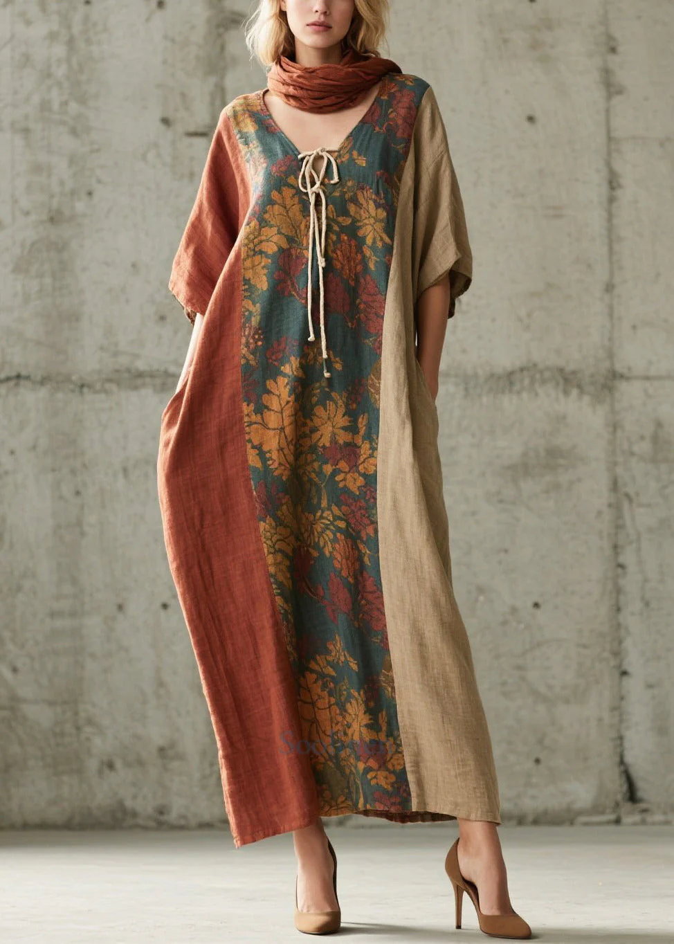 Stylish Colorblock Oversized Patchwork Cotton Straight Dress Summer - Image 3