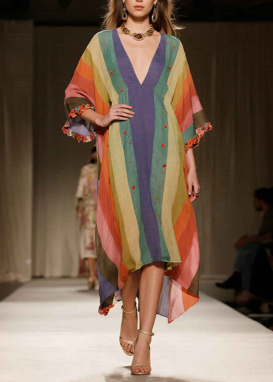 Stylish Colorblock Oversized Striped Cotton Long Dress Summer - Image 3