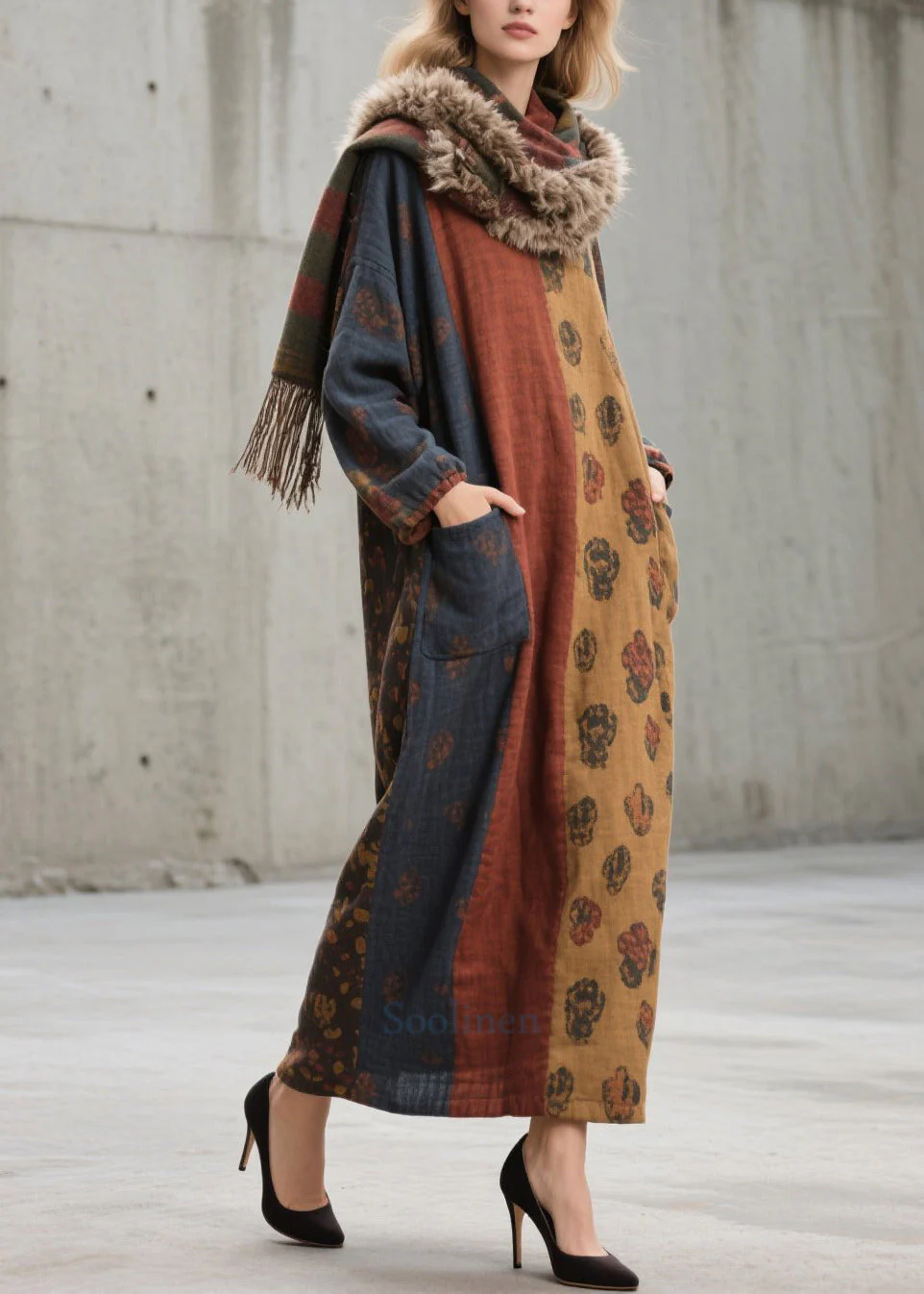 Stylish Colorblock Oversized With Pockets Cotton Holiday Dress Fall - Image 3