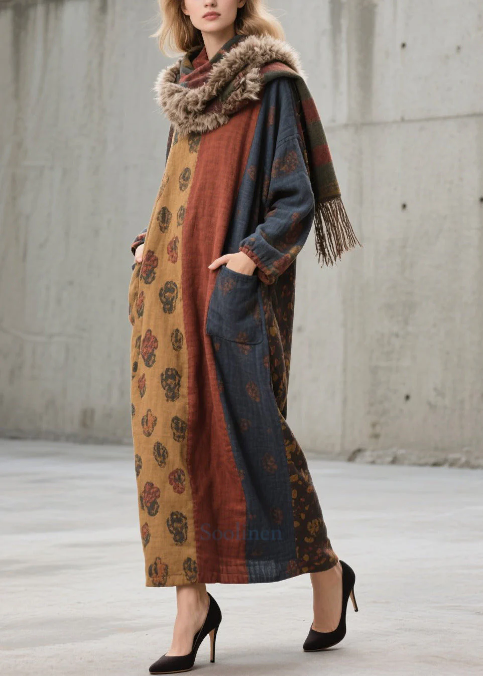 Stylish Colorblock Oversized With Pockets Cotton Holiday Dress Fall - Image 5