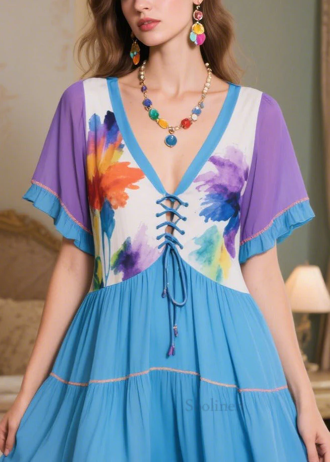 Stylish Colorblock Patchwork Cross Strap Chiffon Robe Dresses Summer - Image 2