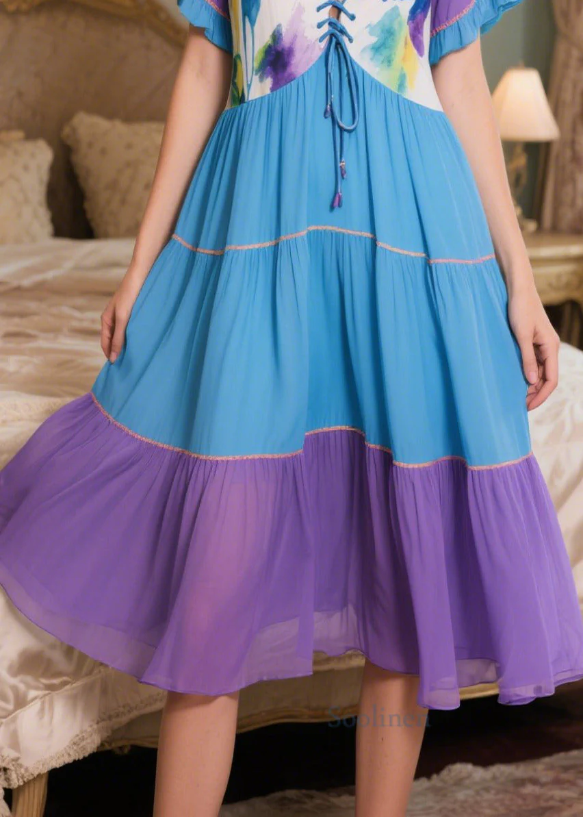 Stylish Colorblock Patchwork Cross Strap Chiffon Robe Dresses Summer - Image 4