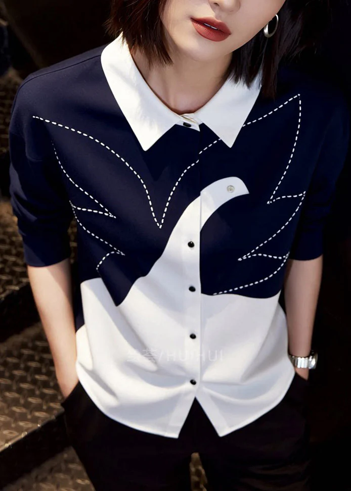 Stylish Colorblock Peter Pan Collar Button Shirt Spring - Image 3