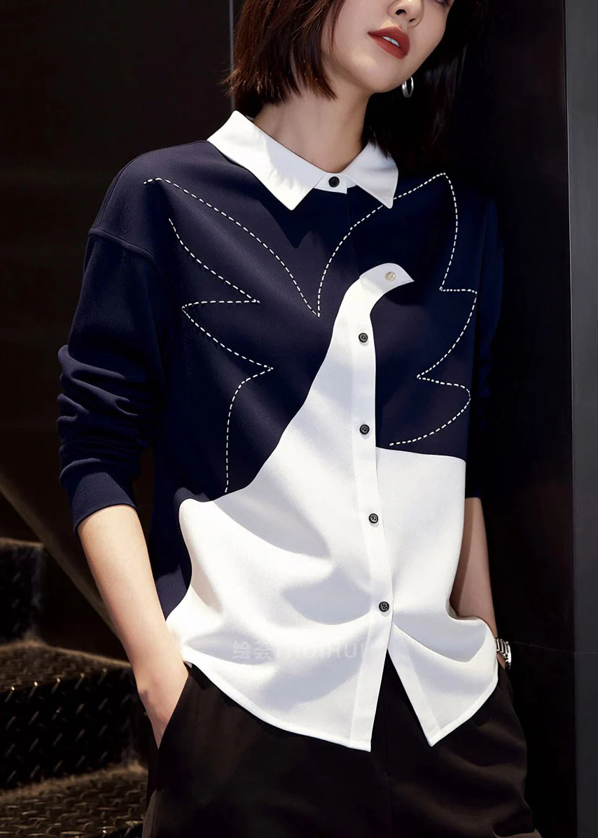Stylish Colorblock Peter Pan Collar Button Shirt Spring - Image 4