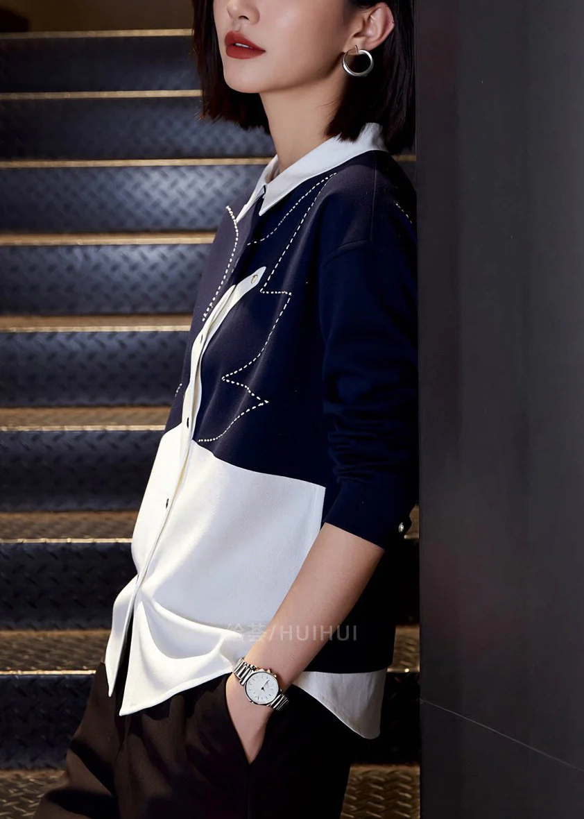 Stylish Colorblock Peter Pan Collar Button Shirt Spring - Image 5