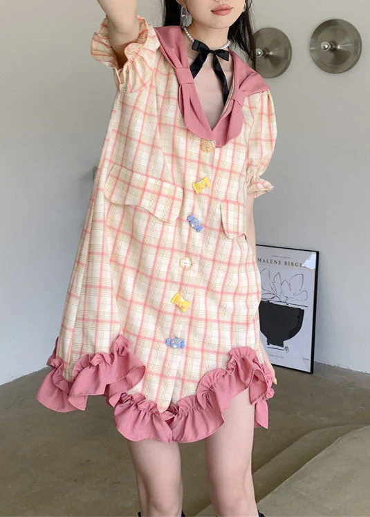 Stylish Colorblock Plaid Ruffled Patchwork Cotton Mid Dress Summer - Image 3