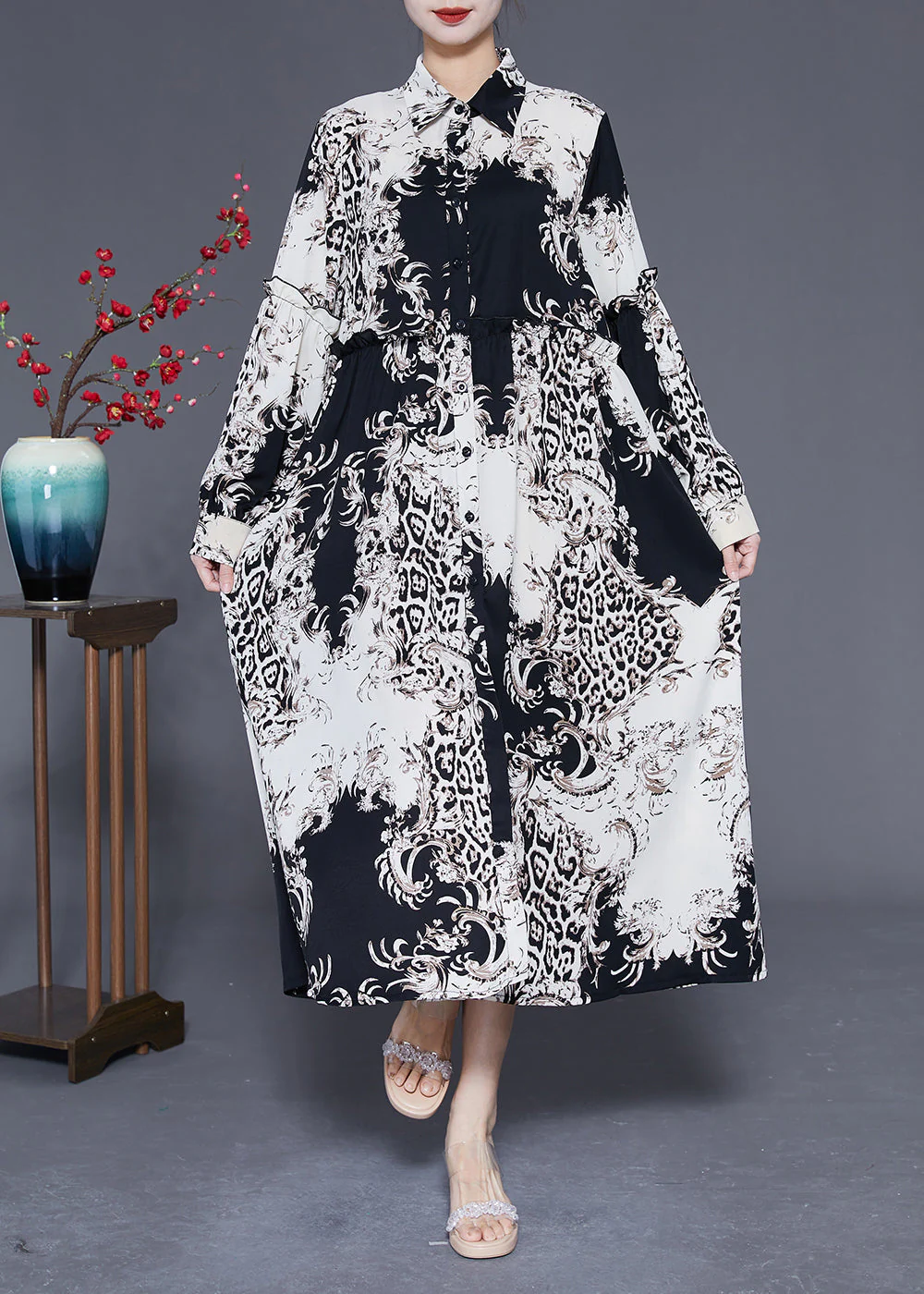 Stylish Colorblock Ruffled Oversized Print Chiffon Shirt Dress Spring - Image 2